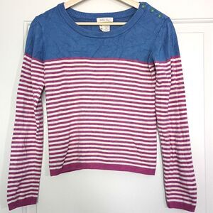 Matilda Jane Sweet Pea Sweater Button Shoulder Girls 12 Preppy Blue Pink Striped